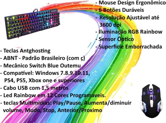 Kit Gamer Teclado Mecanico Anti Ghosting, Mouse Ergonomico 6 botões e Caixa de Som multimidia Iluminação LED RGB Ideal para Jogar em Pc Notebook Console de Jogos - Image 8